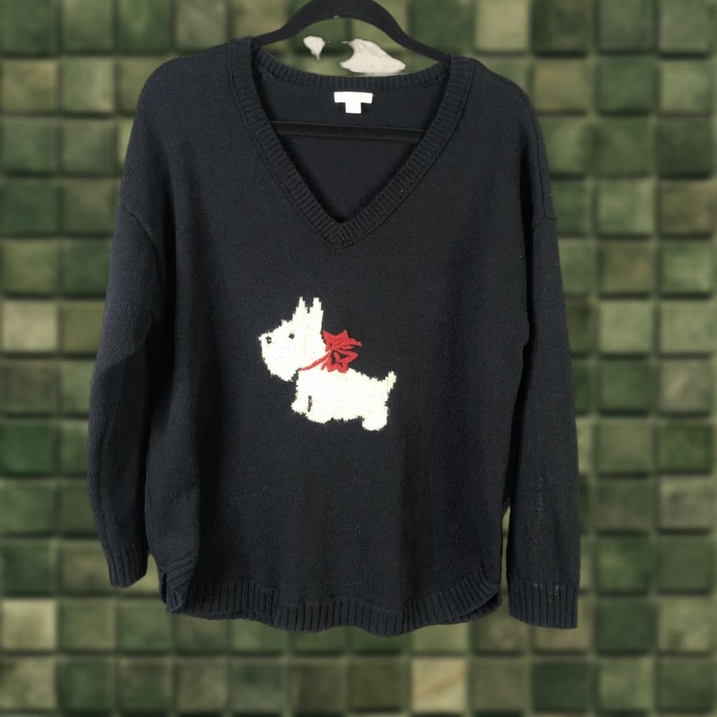 J. Jill J. Jill Sweater Womens L Blue V-Neck Dog Graphic Pullover Knit Wool Yak Cotton Acrylic Polyester Nylon Knit Style Relaxed Casual 90s? (Oops) Size L / US 10 / IT 46 - 1 Thumbnail