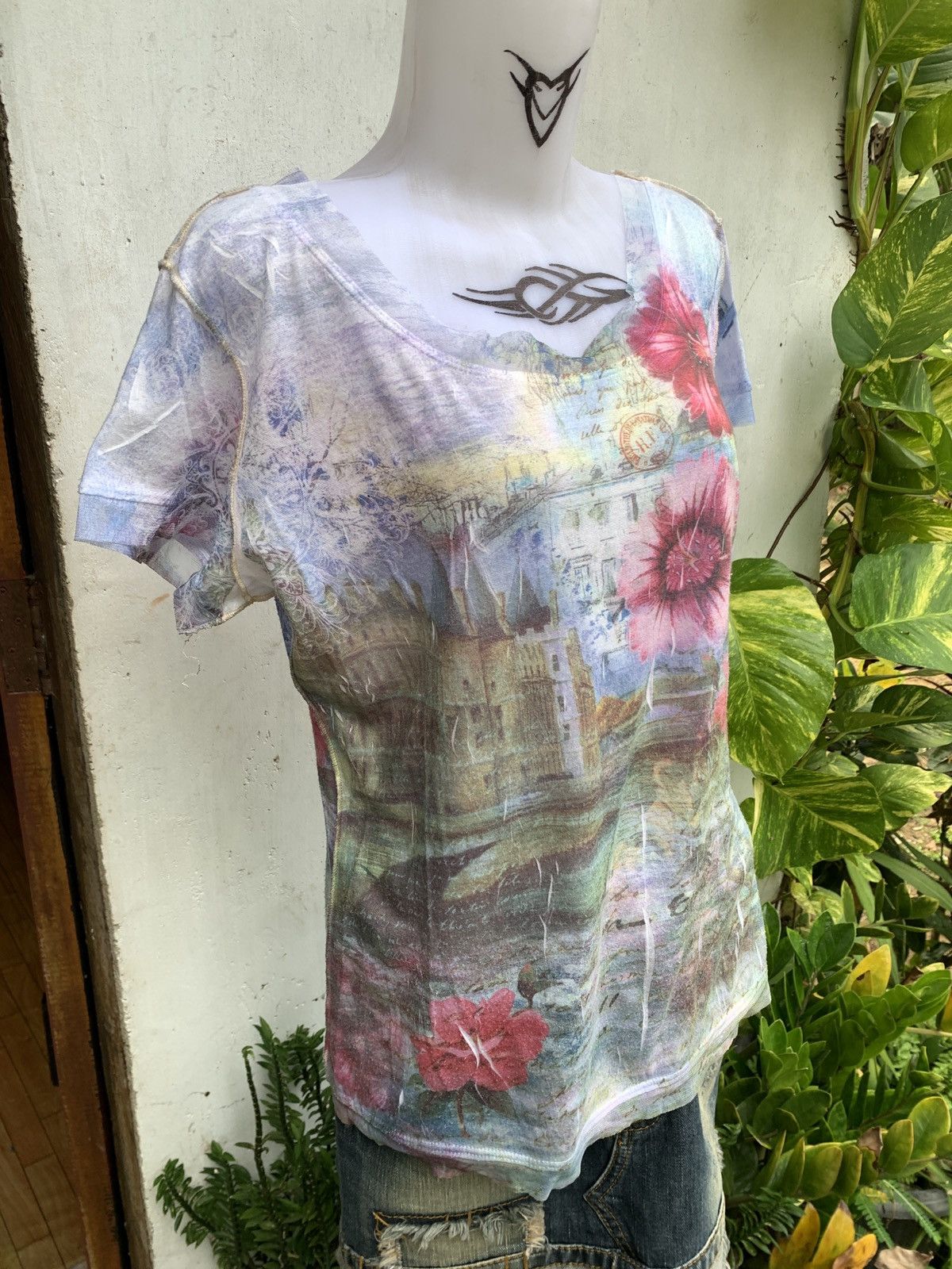 Japanese Brand y2k Caia USA Floral and City View Art Multifabric Blouse Size L / US 10 / IT 46 - 3 Thumbnail