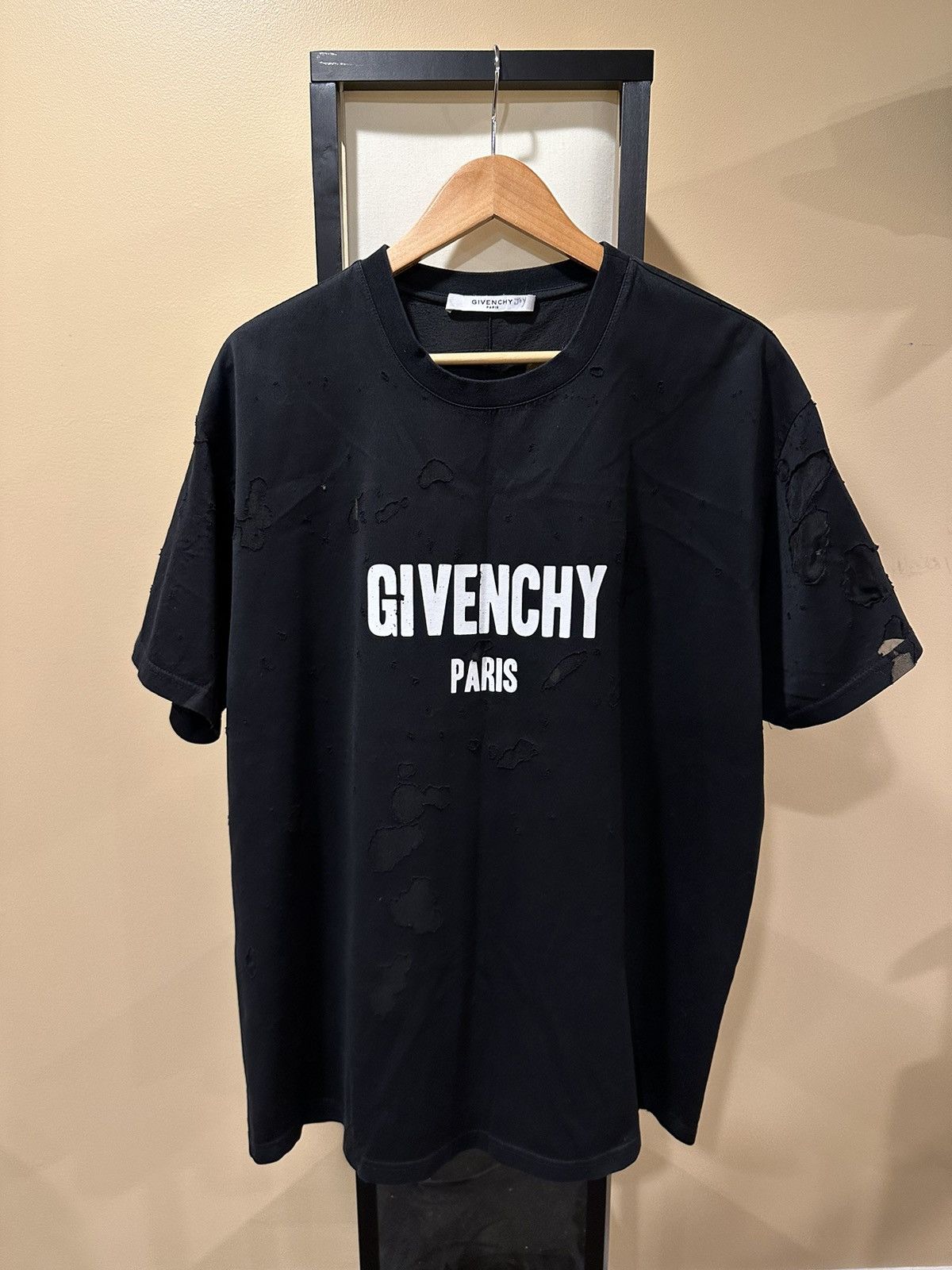 image of Givenchy Destroyed / Distressed Black Paris Logo T-Shirt, Men's (Size XL)