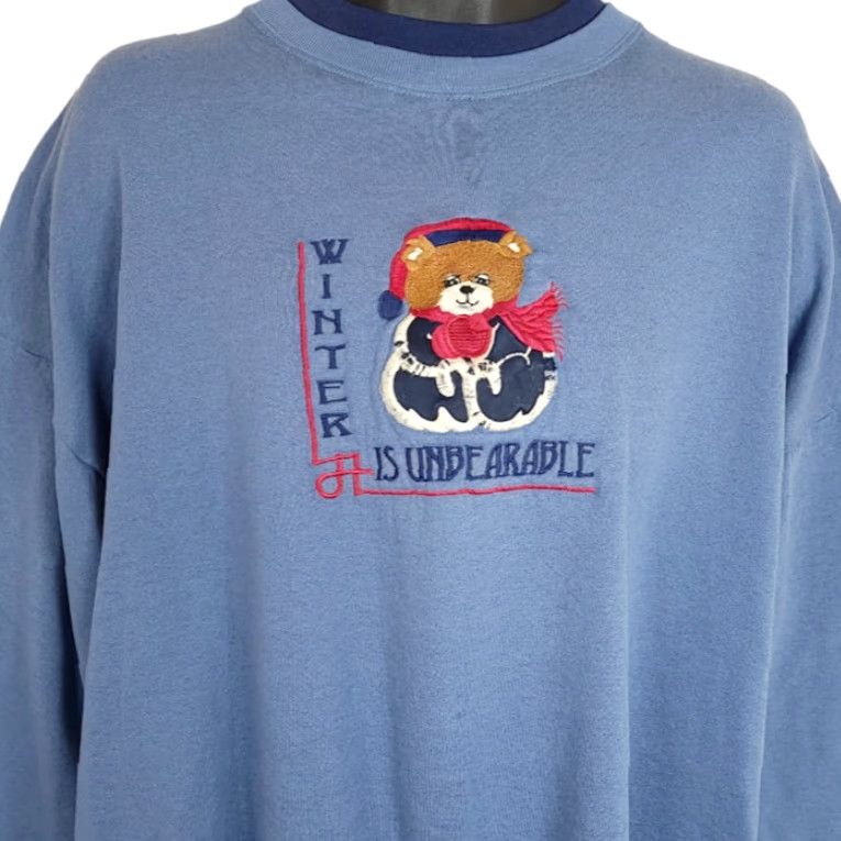 Vintage VINTAGE Unbearable Winter Sweatshirt Mens 3XL Blue Cotton Mix Embroidered 80s Christmas Teddy Bear Made In USA Winter Is Unbearable Mens 3XL Size US XXL / EU 58 / 5 - 2 Thumbnail
