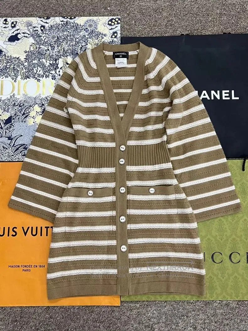 Chanel Striped Cashmere Dress Coat.