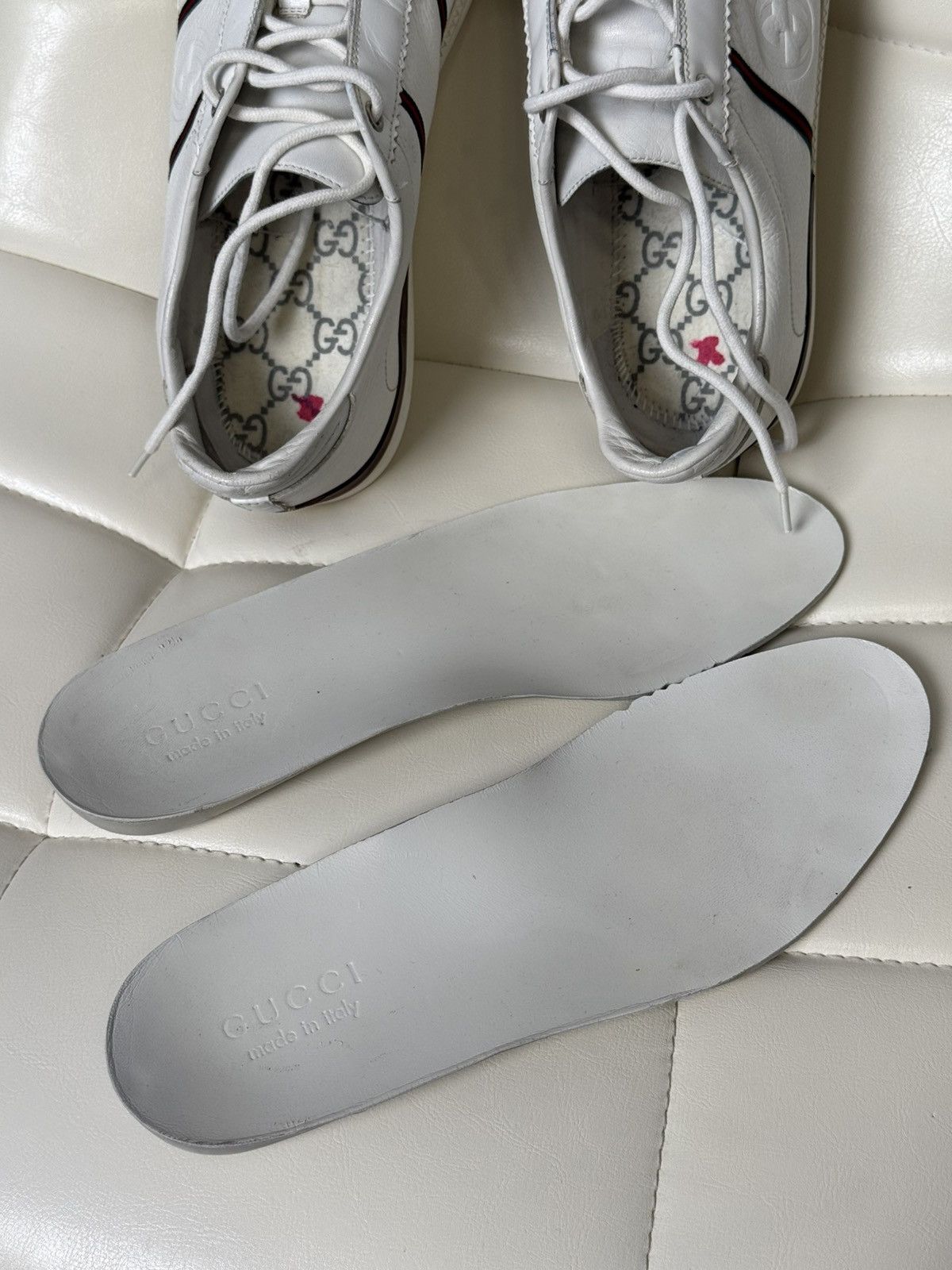Gucci Gucci White Leather Low Top Sneakers Web Stripe & GG Logo Size US 9 / EU 42 - 24 Thumbnail