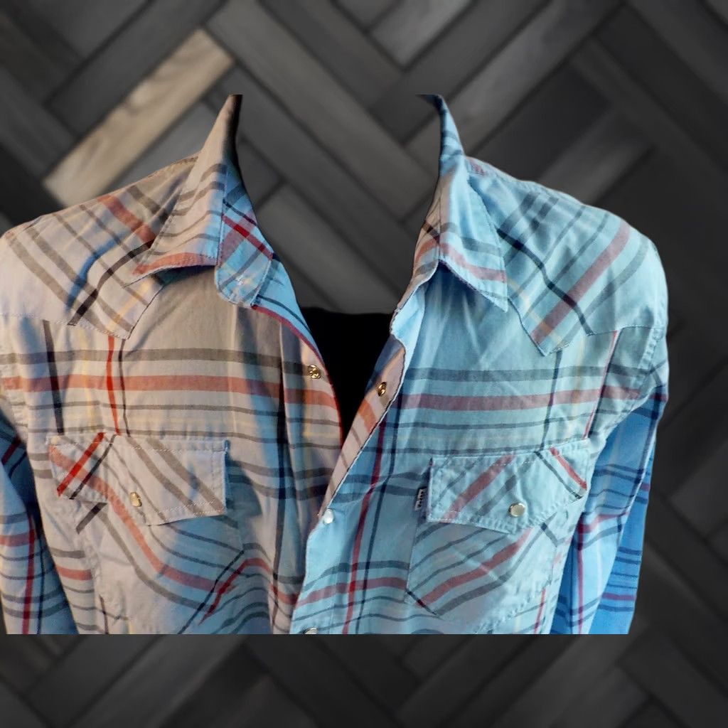 Levi's LEVI'S Western Cut Pearl Snap Plaid Shirt-Light Blue Cotton Blend LG Mens Shirt Modern Size US L / EU 52-54 / 3 - 1 Thumbnail
