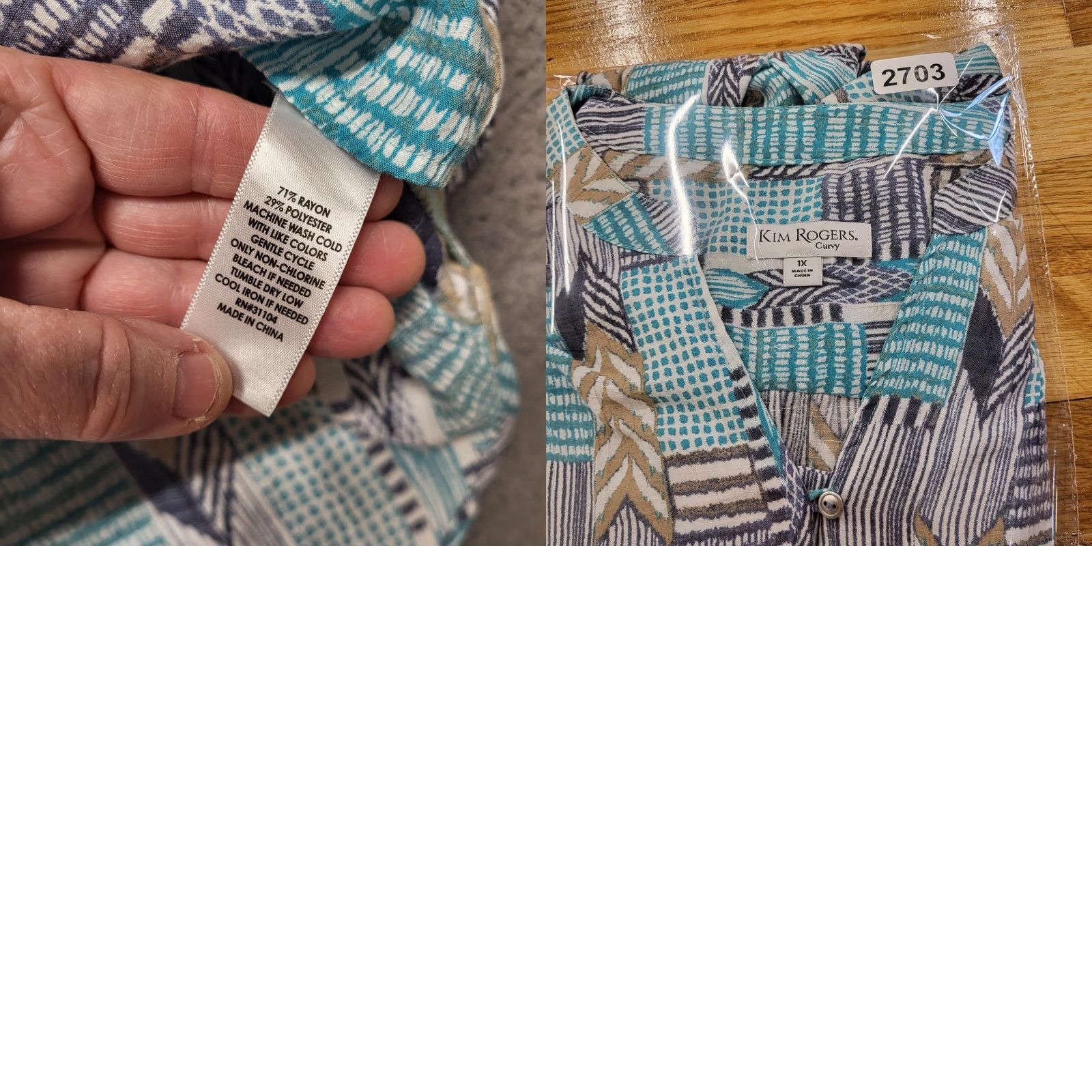 Vintage Kim Rogers Curvy Shirt Blouse 1X Women Blue Turquoise Chevron Stripe Top Knit Polyester Rayon 3/4 Sleeve V-Neck Tunic Size XL / US 12-14 / IT 48-50 - 9 Thumbnail