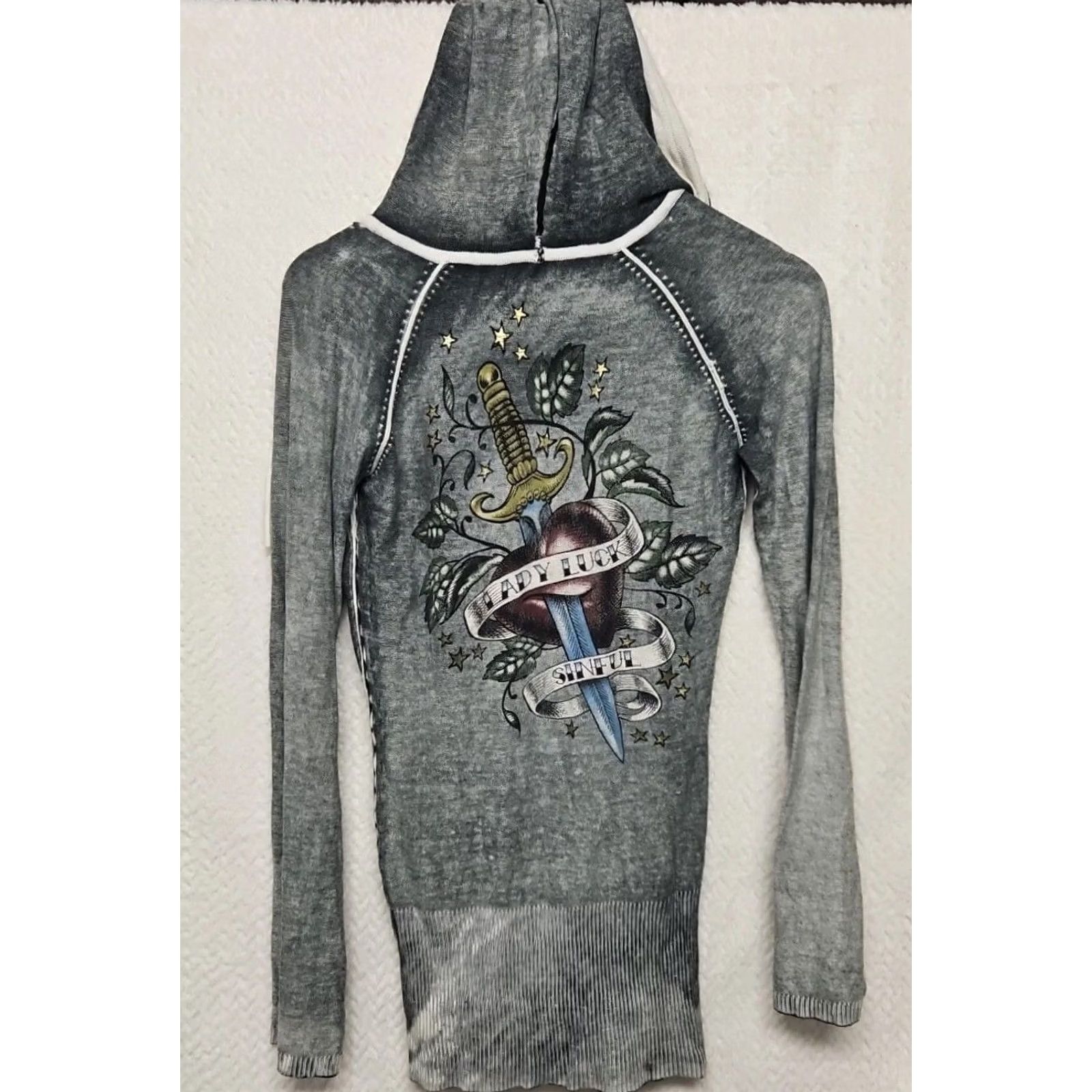 Vintage Sinful Hoodie Women’s Gray Burn Wash Rhinestone Medium Heart Dagger Graphic Size M / US 6-8 / IT 42-44 - 5 Thumbnail