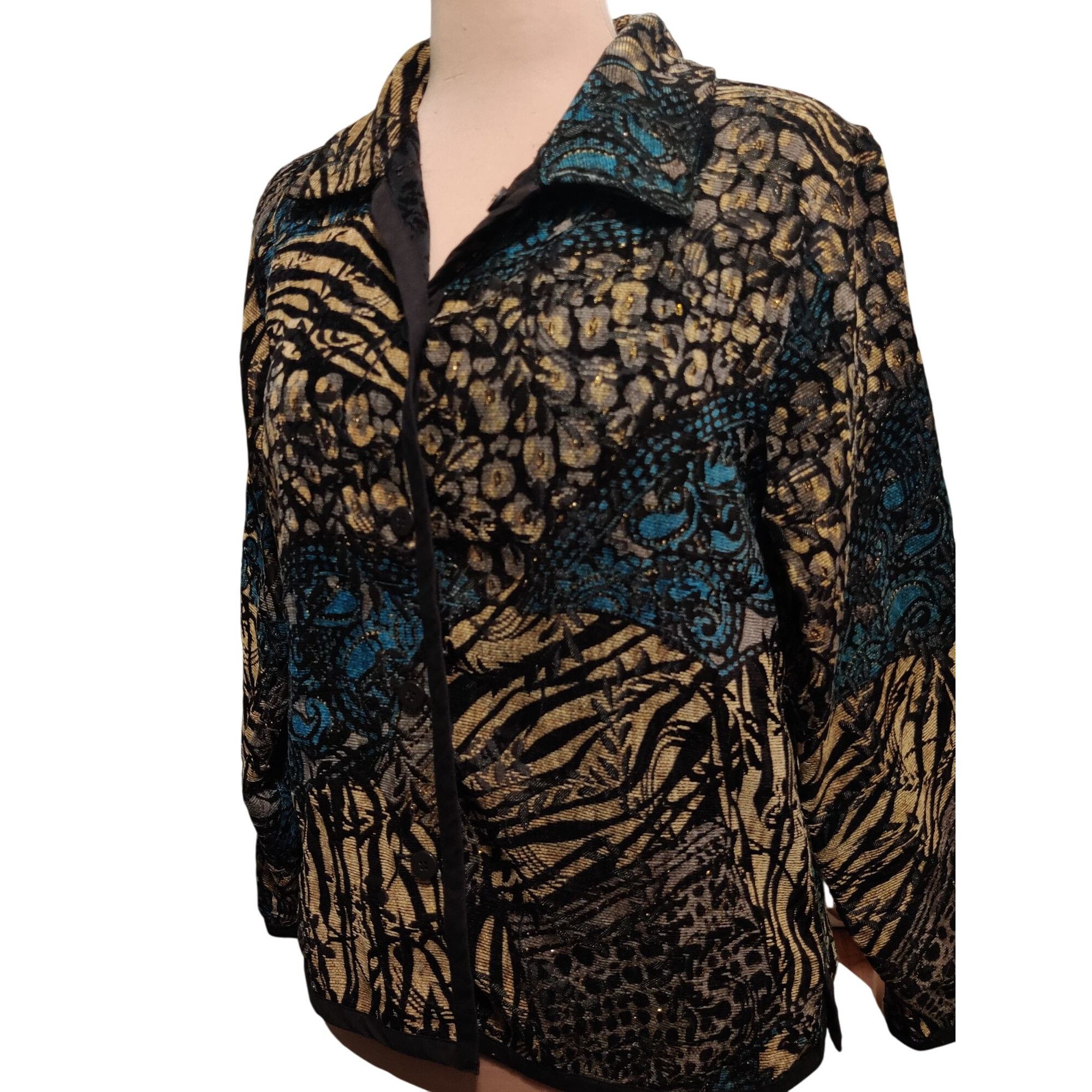 Vintage Womens L Jacket Reversible Jacquard Brocade Black Gold Blue Size L / US 10 / IT 46 - 4 Thumbnail