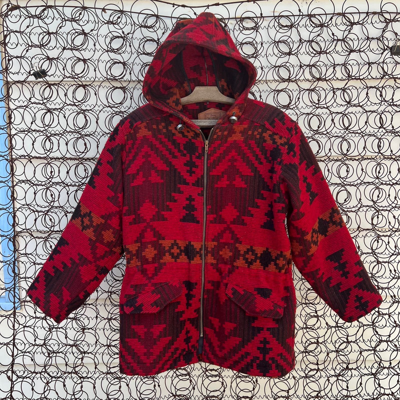 image of Woolrich Woolen Mills Vint 80's 90's Woolrich Tribal Aztec Southwestern Blanket Coat in Red (Size S