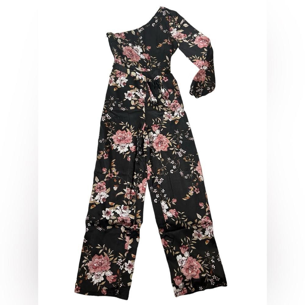 Lulus Lulus l NWT Black Satin Floral One-Shoulder Jumpsuit Small Size 28" / US 6 / IT 42 - 3 Thumbnail