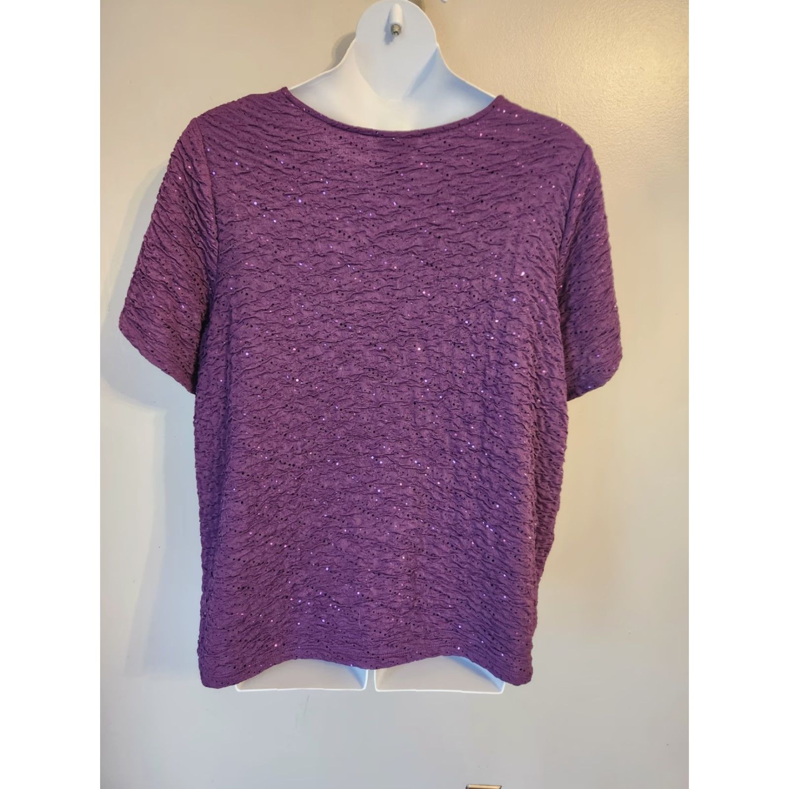 Vintage Maggie Barnes For Catherines Purple Plum Textured Sequin Short Sleeve Top 2X Size XXL / US 16-18 / IT 52-54 - 4 Thumbnail
