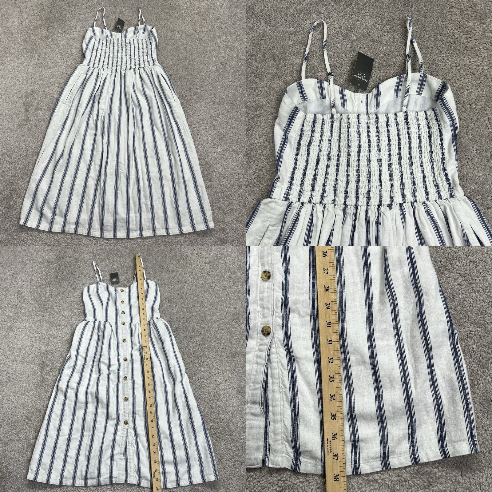 Abercrombie & Fitch VINTAGE Abercrombie Fitch Dress XSP White Blue Stripe Linen Blend Pockets Lined Knee NWT Size XS / US 0-2 / IT 36-38 - 8 Thumbnail