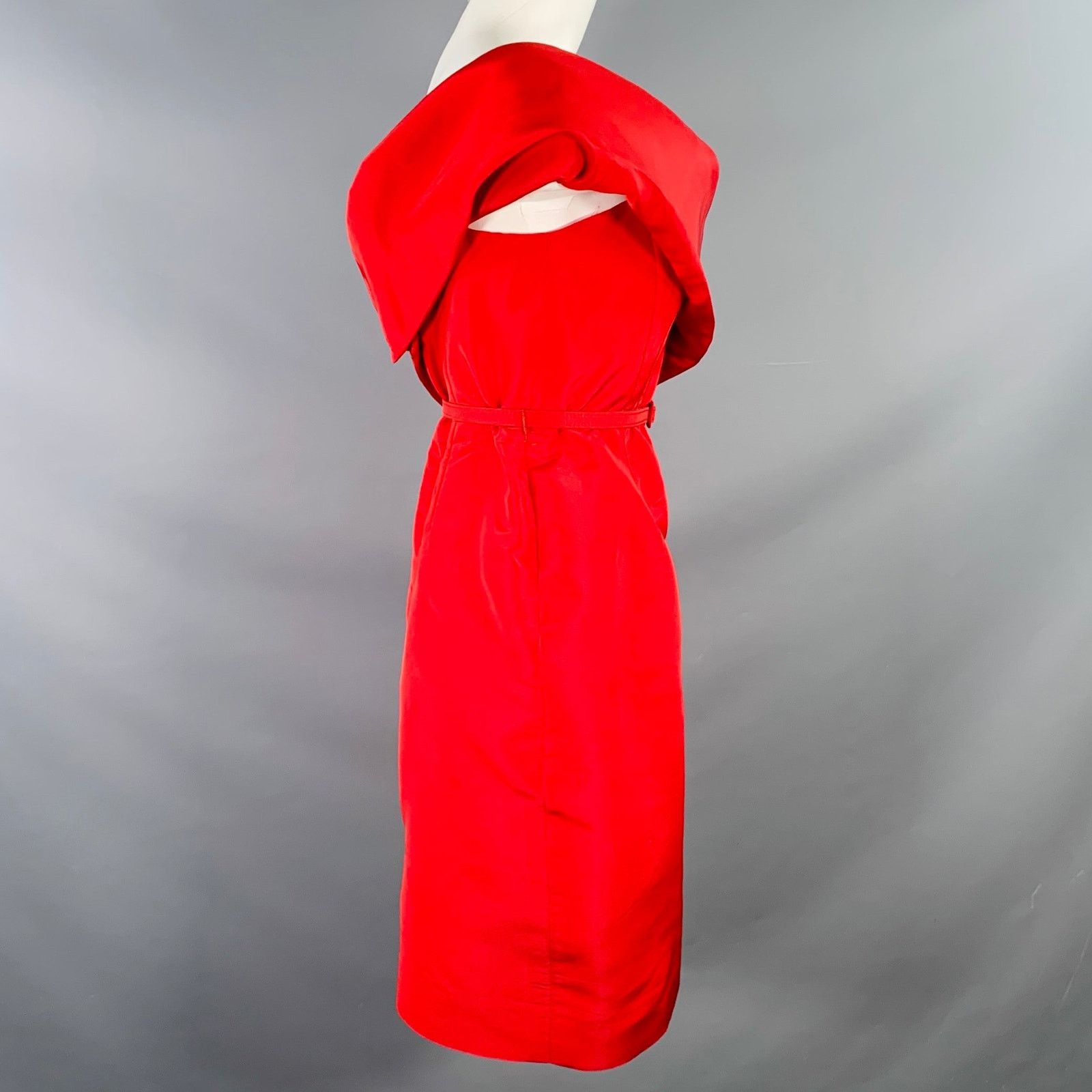 Oscar De La Renta Red Silk Taffeta One Shoulder Knee Length Cocktail Dress Size M / US 6-8 / IT 42-44 - 3 Thumbnail