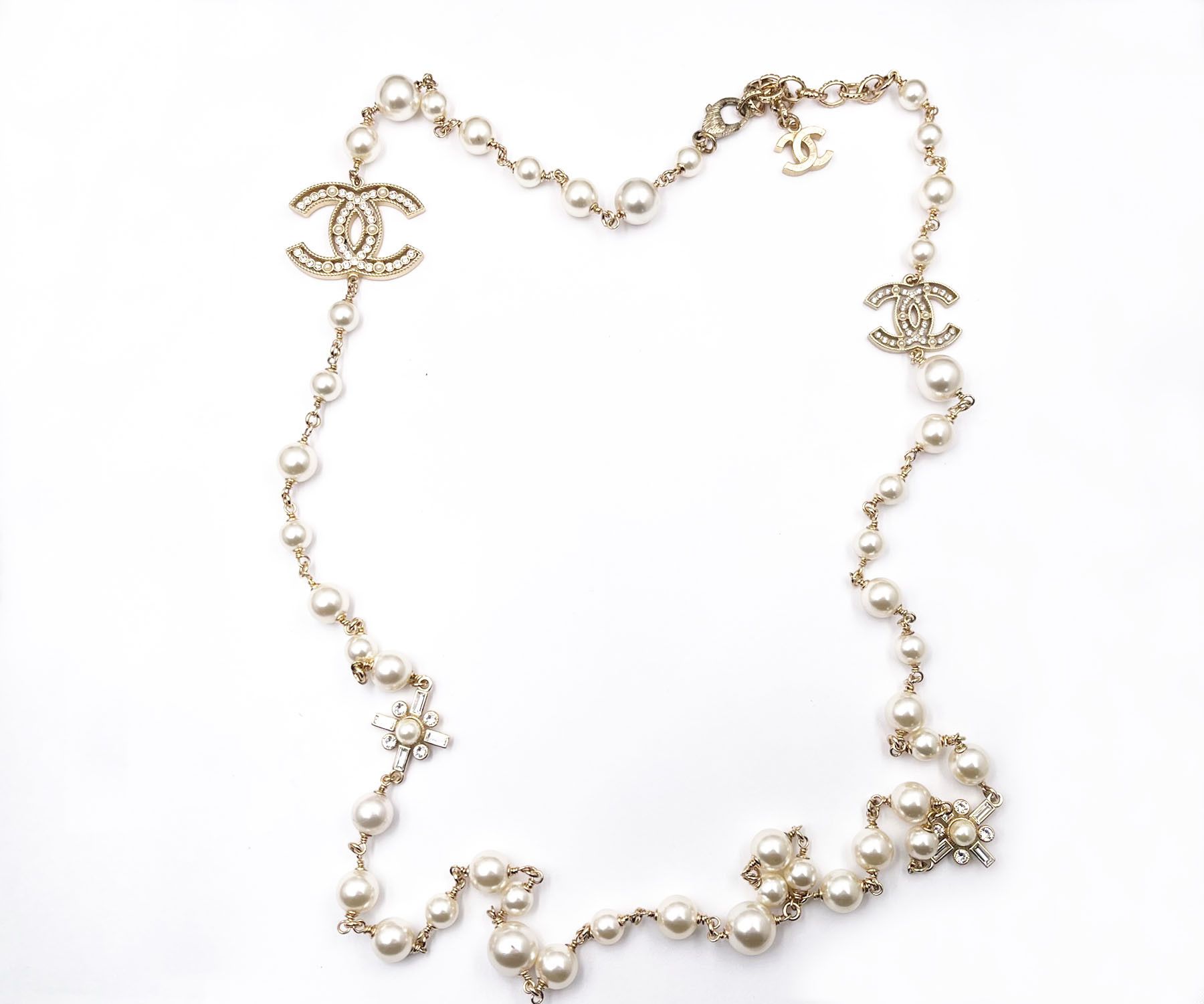 image of Chanel Gold Cc Cross Crystal Pearl Necklace, Women's