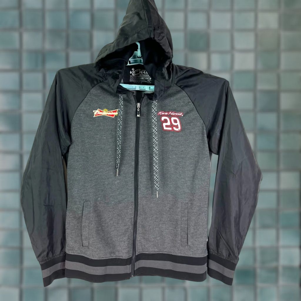 NASCAR Grays Kevin Harvick NASCAR #29 BUD Full Zip Hooded Jacket Mens L Gray Lightweight Jacket Size US L / EU 52-54 / 3 - 1 Thumbnail