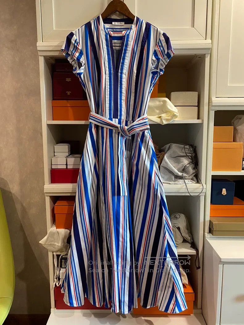 Loro Piana Dress + Classic Striped Elements + Deep V-neck