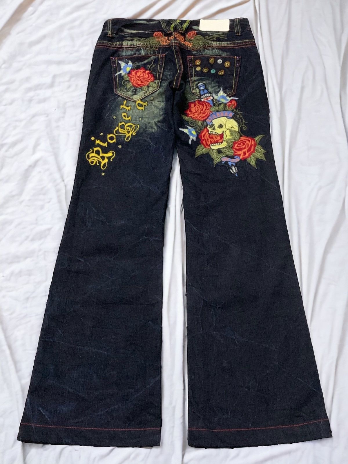 Ed Hardy × Japanese Brand Riobera Japan Embroidered Skull Tattoo Flared Denim Pants Size US 30 / EU 46 - 1 Thumbnail