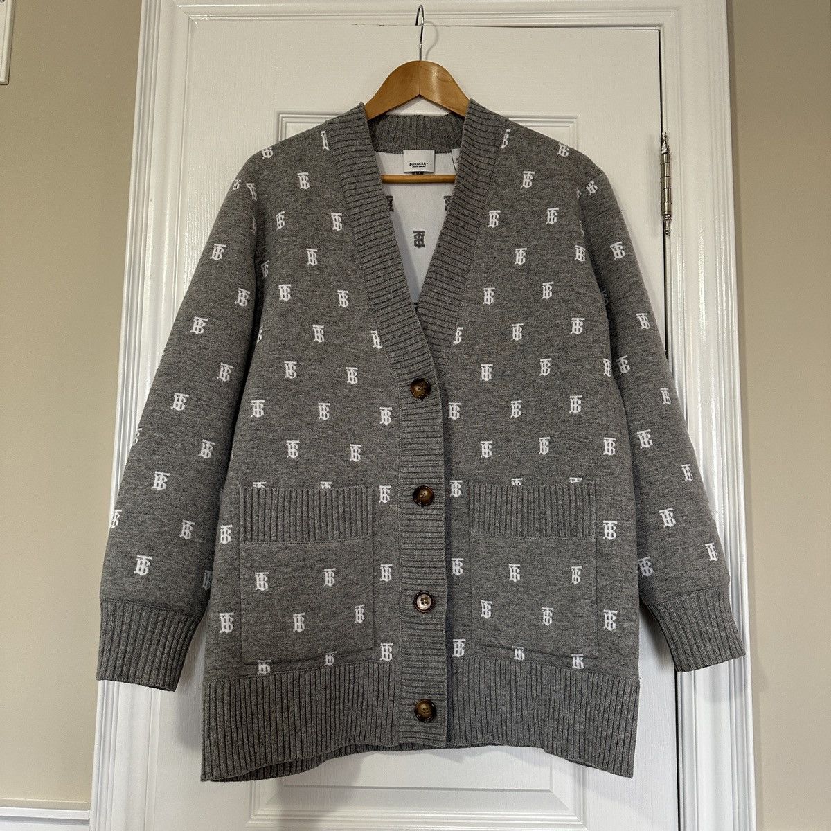 image of Burberry Logo Cardigan in Grey, Women's (Size Medium)