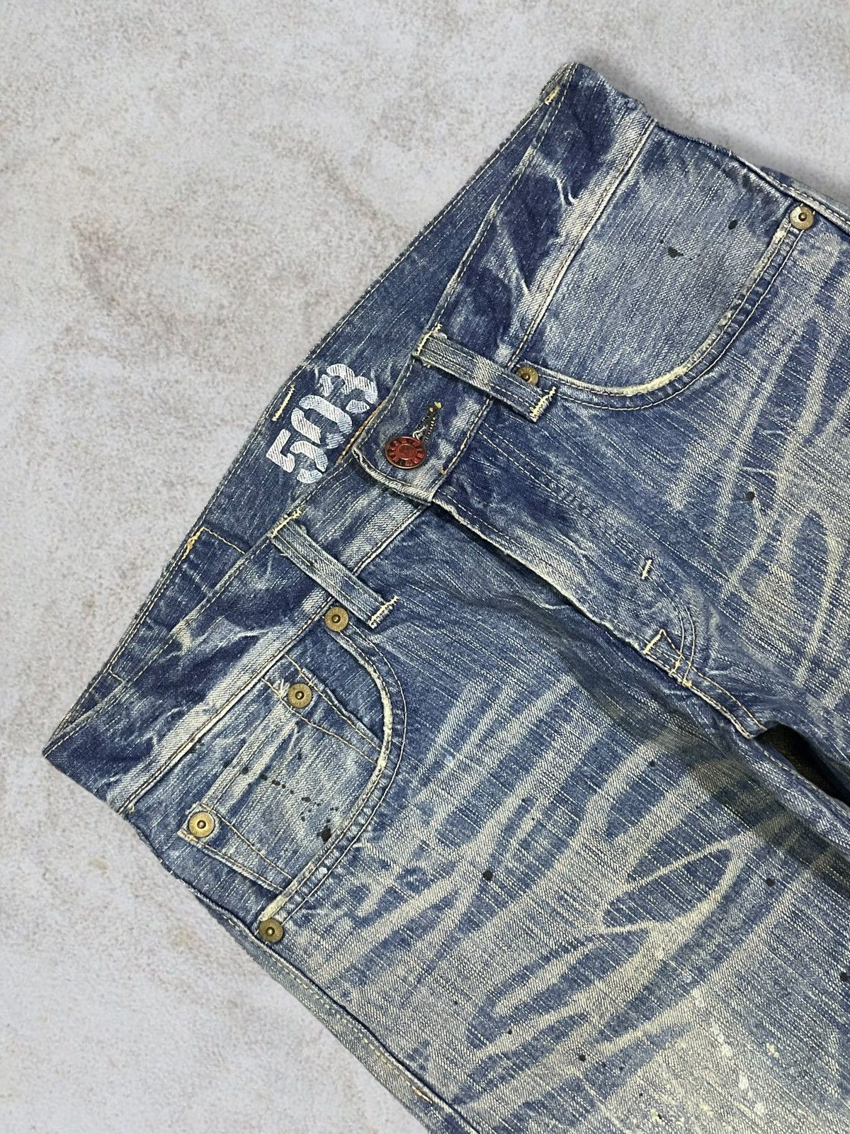 POST ARCHIVE FACTION (PAF) Vintage Edwin Paint Splatter Distressed Washed Flare Jeans Size US 32 / EU 48 - 3 Thumbnail