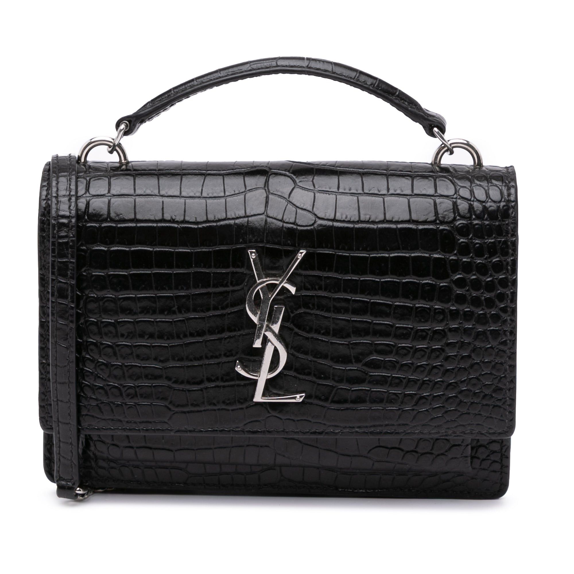 Saint Laurent Paris Saint Laurent Crocodile Embossed Monogram Sunset Top Handle Chain Wallet Black Size ONE SIZE - 1 Thumbnail