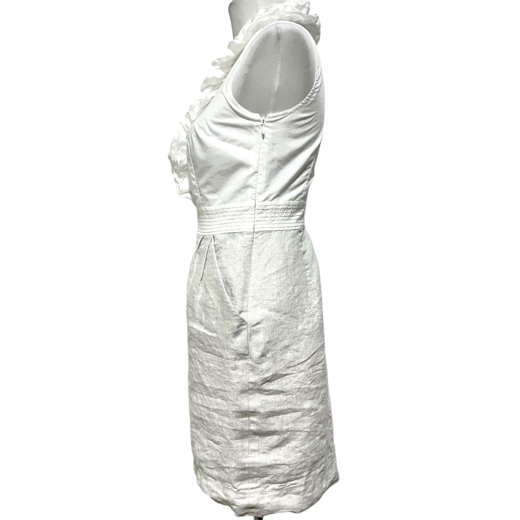 Loft LOFT Petites Pencil Dress White Cream w/ Metallic Ruffle V-Neck Pockets Sz 4P Dress Women Pencil Dress Size S / US 4 / IT 40 - 5 Thumbnail