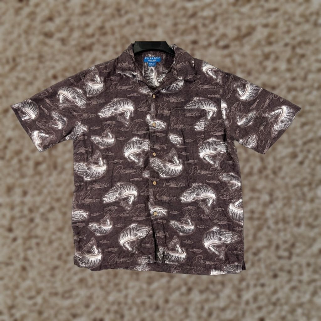 Vintage PURITAN Shirt Mens M Brown Fish Bass Fishing Rayon Button-Up Hawaiian Size US M / EU 48-50 / 2 - 1 Thumbnail