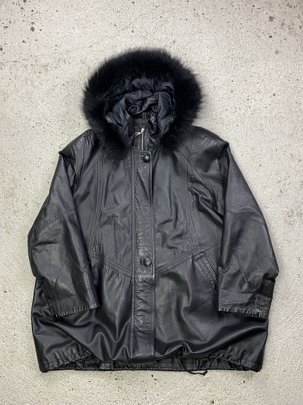 Vintage Vintage black leather cape coat fur hood avant garde archive Size XL / US 12-14 / IT 48-50 - 2 Thumbnail