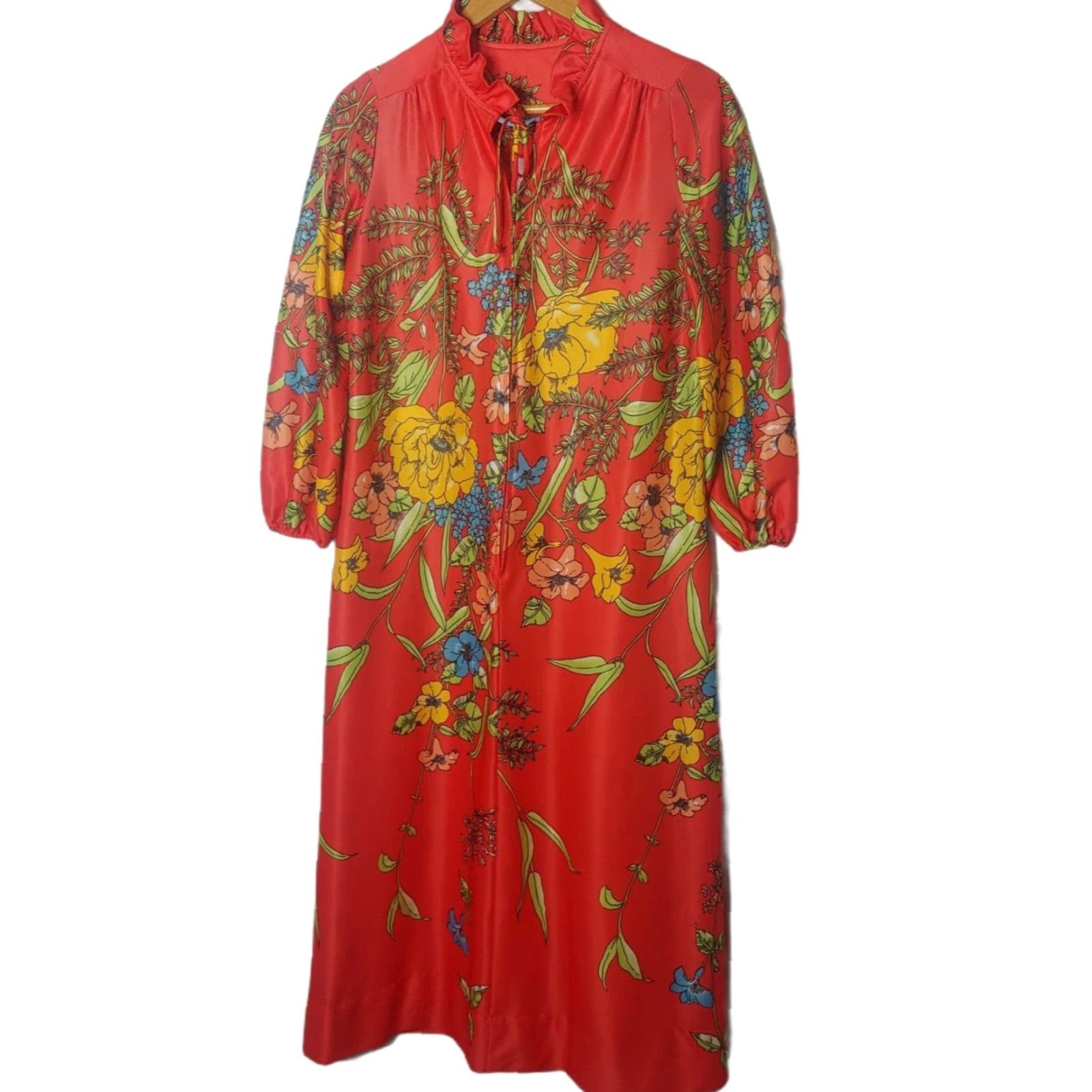 Vintage VINTAGE Robe Women Kimono Long Sleeve Floral 54" Long Maxi Red Polyester Stretch M Size ONE SIZE - 2 Thumbnail