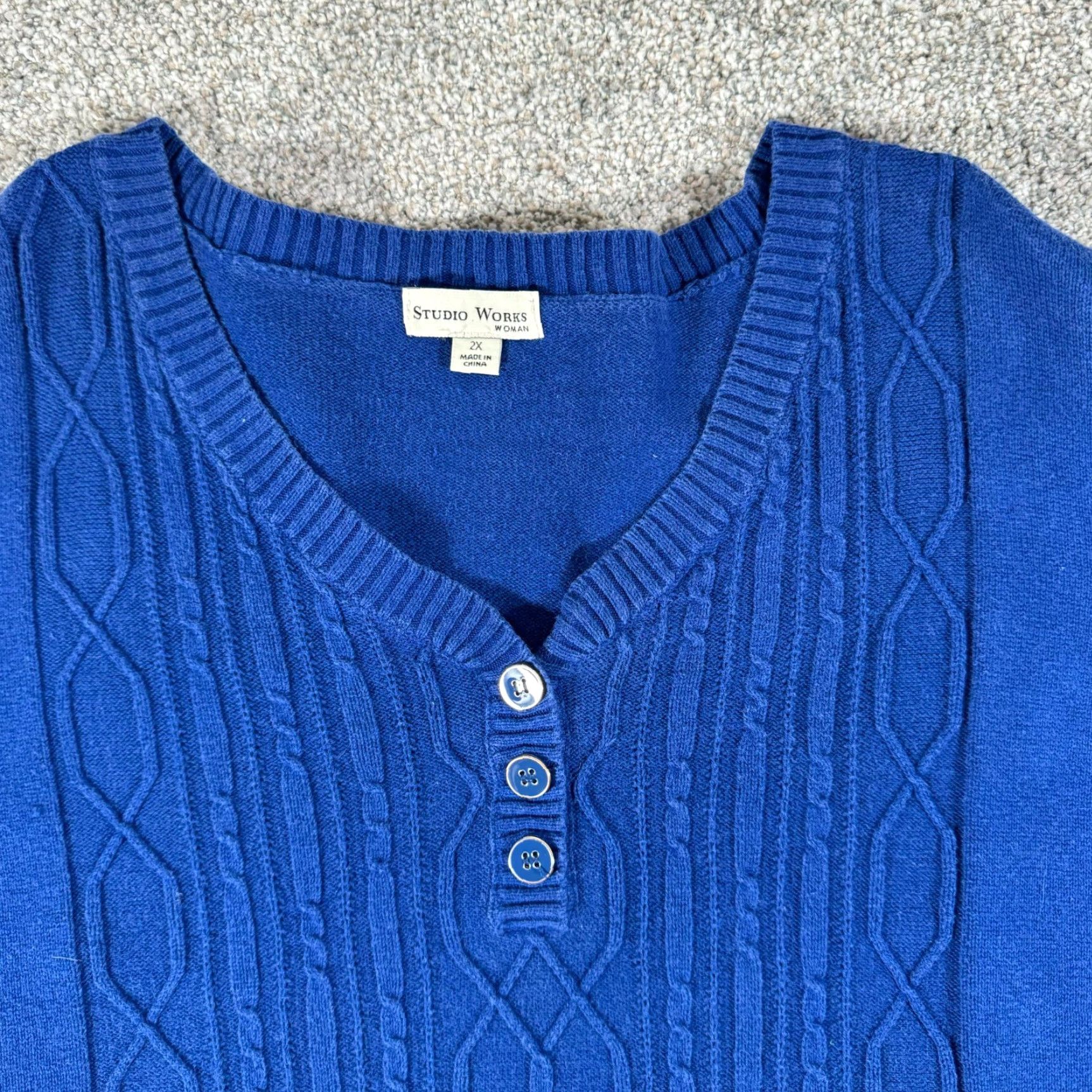 Vintage VINTAGE 90s Y2K Henley Sweater Womens 2X Plus Cable Knit Grandmacore Classic Blue 100% Cotton Knit Button Mens? Girls? Size XXL / US 16-18 / IT 52-54 - 6 Thumbnail