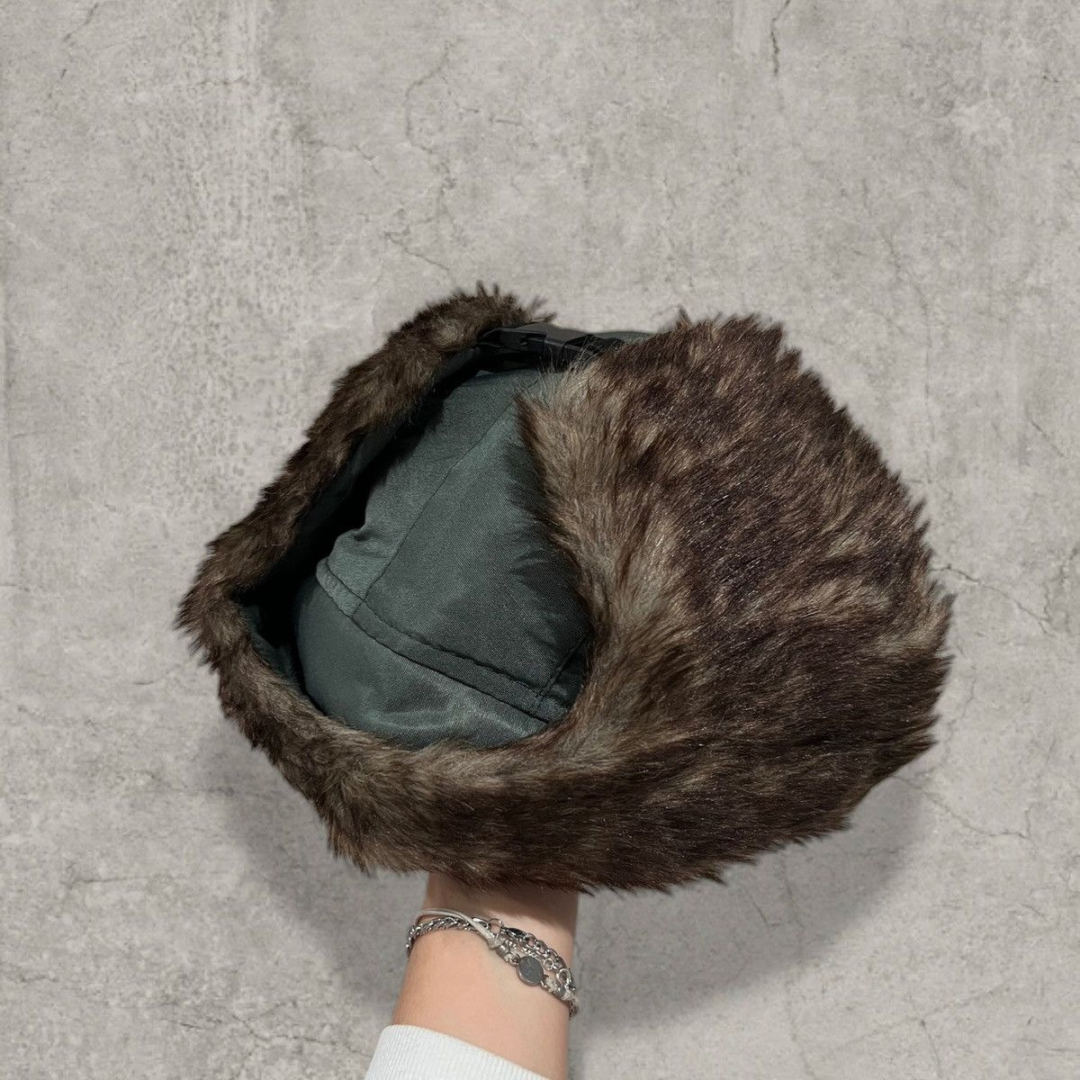 Japanese Brand Russian Ushanka fluffy winter hat in dark green. One size Size ONE SIZE - 3 Thumbnail