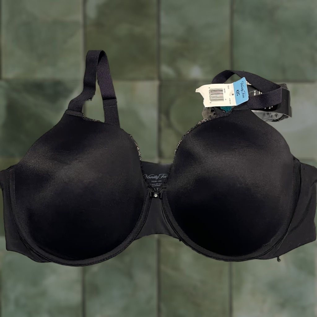 Vintage Vanity Fair Bra 42C Full Figure Age Defying Lift Convertible Black T-Shirt Neck Back Closure Underwired Nylon Spandex Lace Bow Size ONE SIZE - 1 Thumbnail