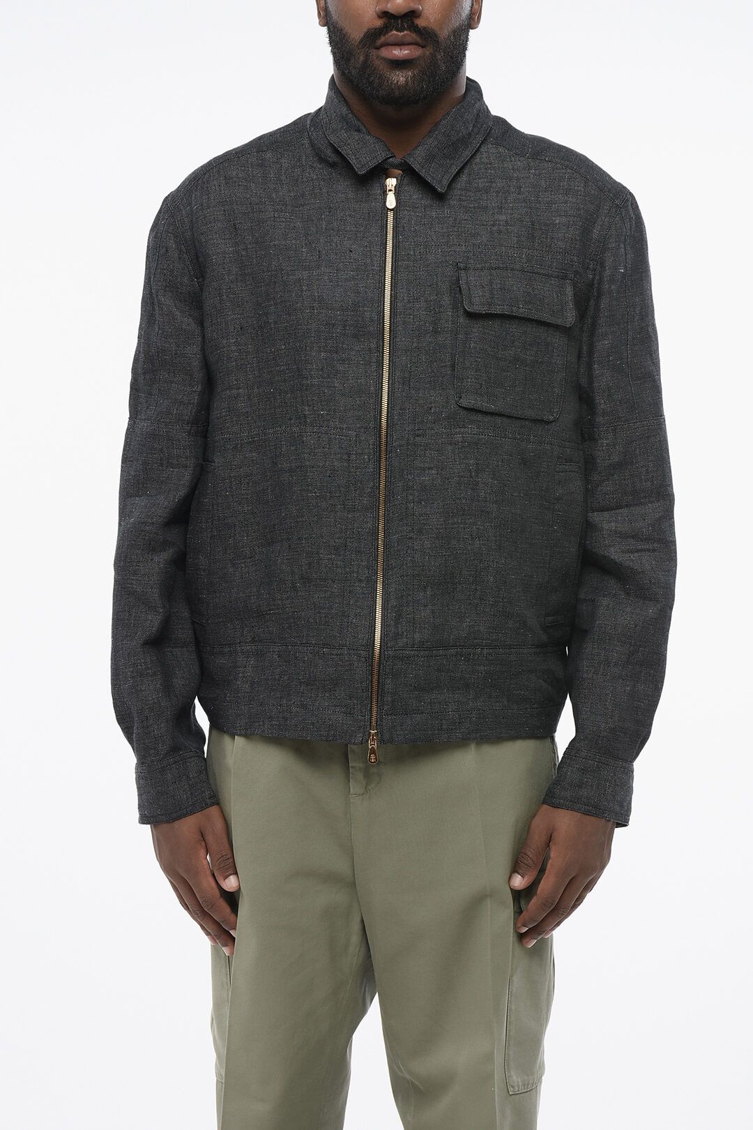 Brunello Cucinelli og1mm0725 Front Zipped Linen Overshirt in Dark Grey Size US L / EU 52-54 / 3 - 1 Thumbnail