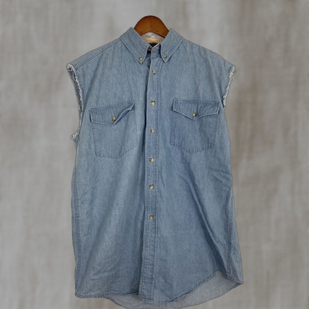 Denime VINTAGE Williams Bay Denim Western Shirt Sleeveless Mens M Blue 1990s Rockabilly Cactus Sunset Denim Shirt Men M Size US M / EU 48-50 / 2 - 1 Thumbnail