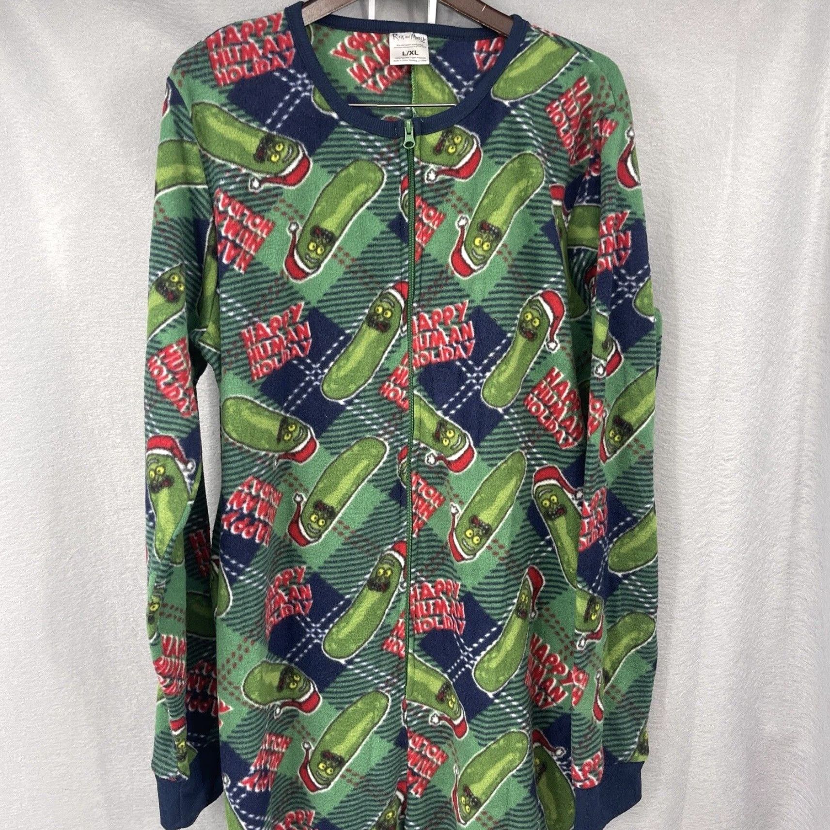 Vintage VINTAGE Rick and Morty Pickle Rick Fleece Pajama Suit Men XL Green Cartoon Christmas Holiday Sleepwear Size 46R - 4 Thumbnail