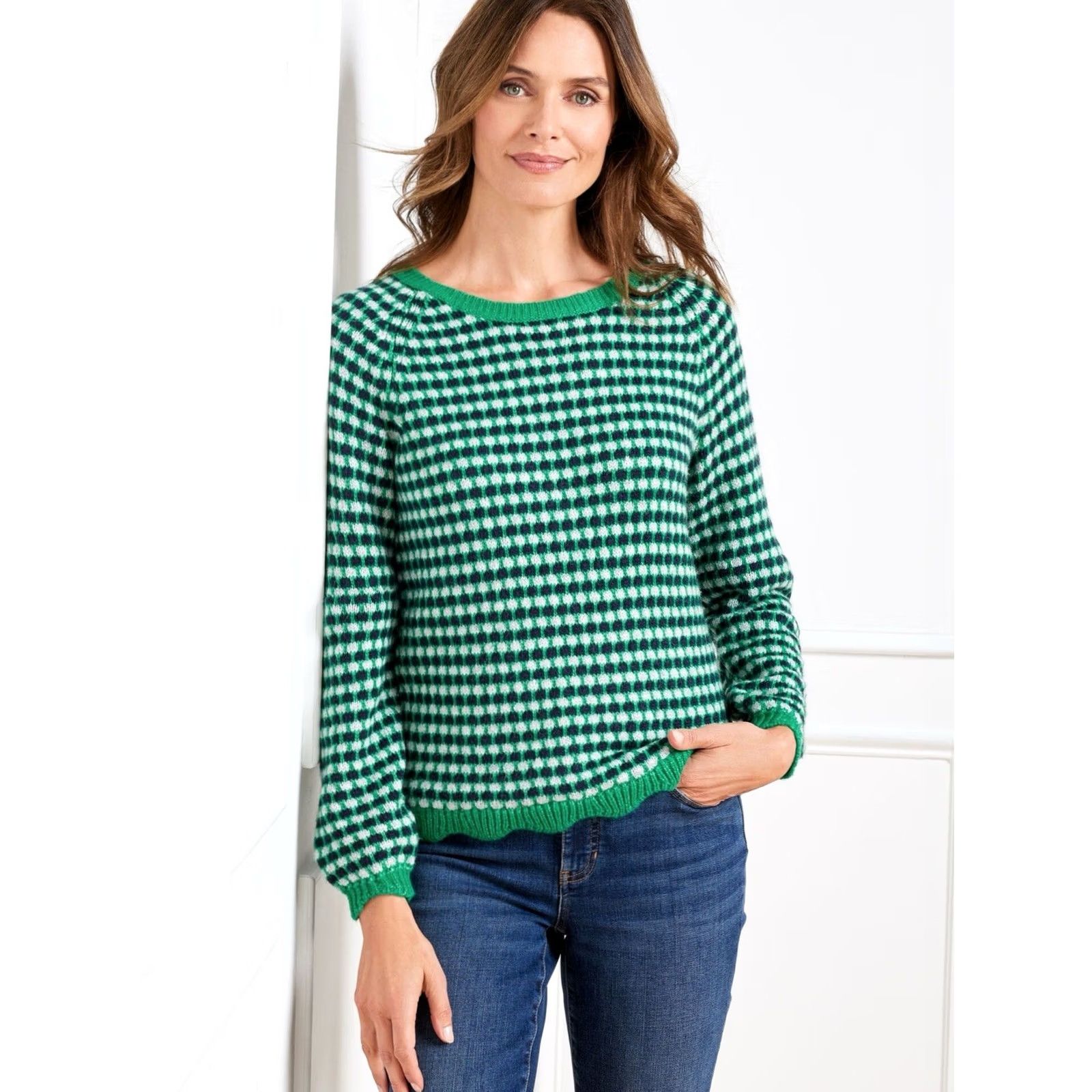 Talbots Talbots Crewneck Pullover Sweater S Women Green Geometric Jacquard Knit Lightweight Holiday Scallop Hem Regular Size Small NWT Size S / US 4 / IT 40 - 2 Thumbnail