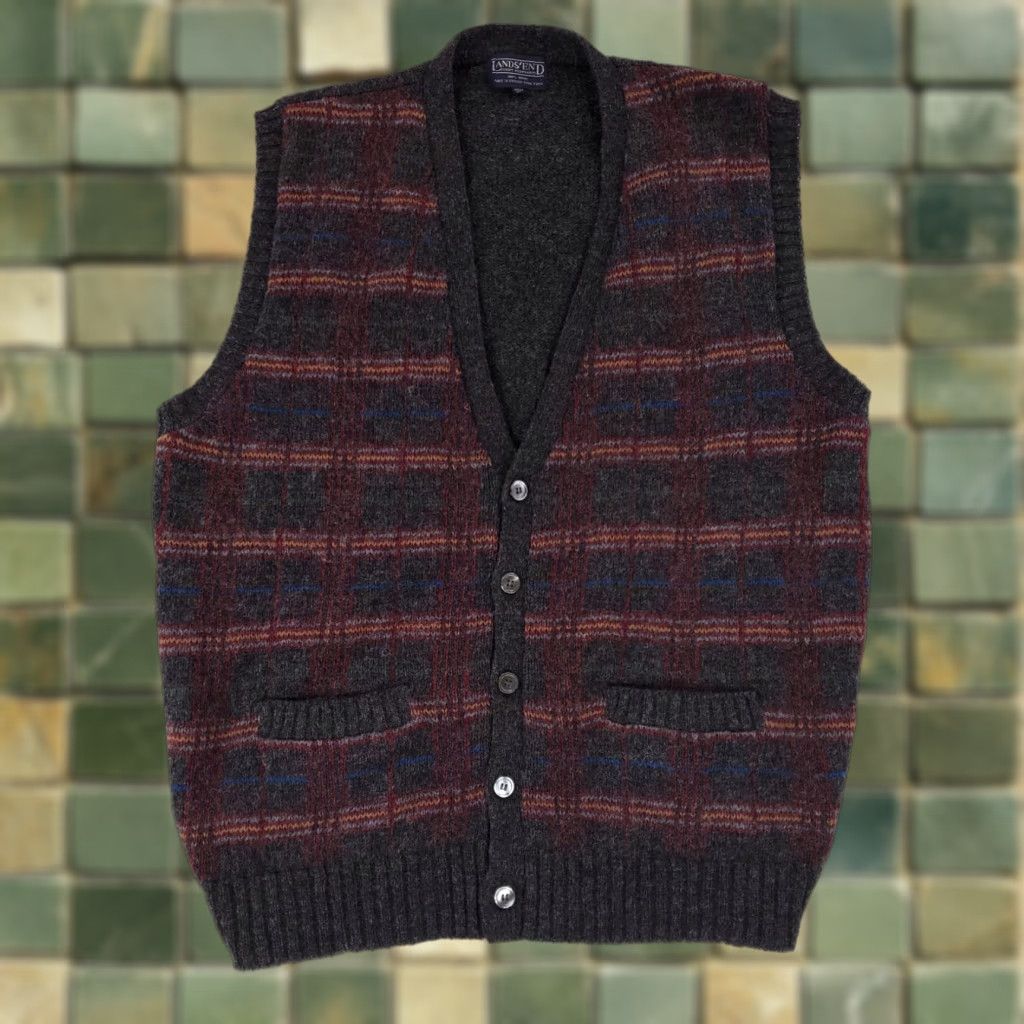 Lands' End Lands' End Cardigan Sweater Vest 100% Wool Windowpane Plaid Mens XL Multicolor Hong Kong Mens XL Size US XL / EU 56 / 4 - 1 Thumbnail