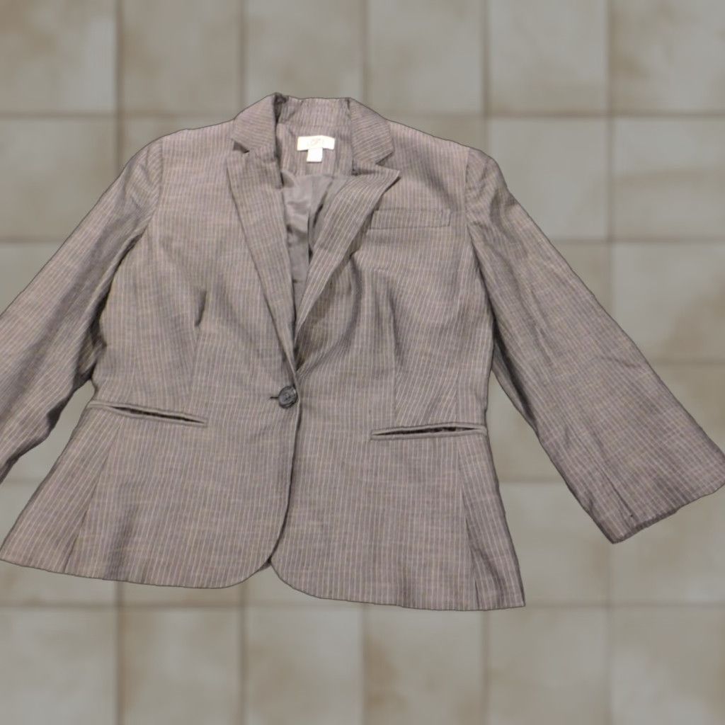 Ann Taylor Ann Taylor Loft Womens Blazer M Gray Striped Short Sleeve Knit Cotton Button Pockets Casual Modern - Size M / US 6-8 / IT 42-44 - 1 Thumbnail