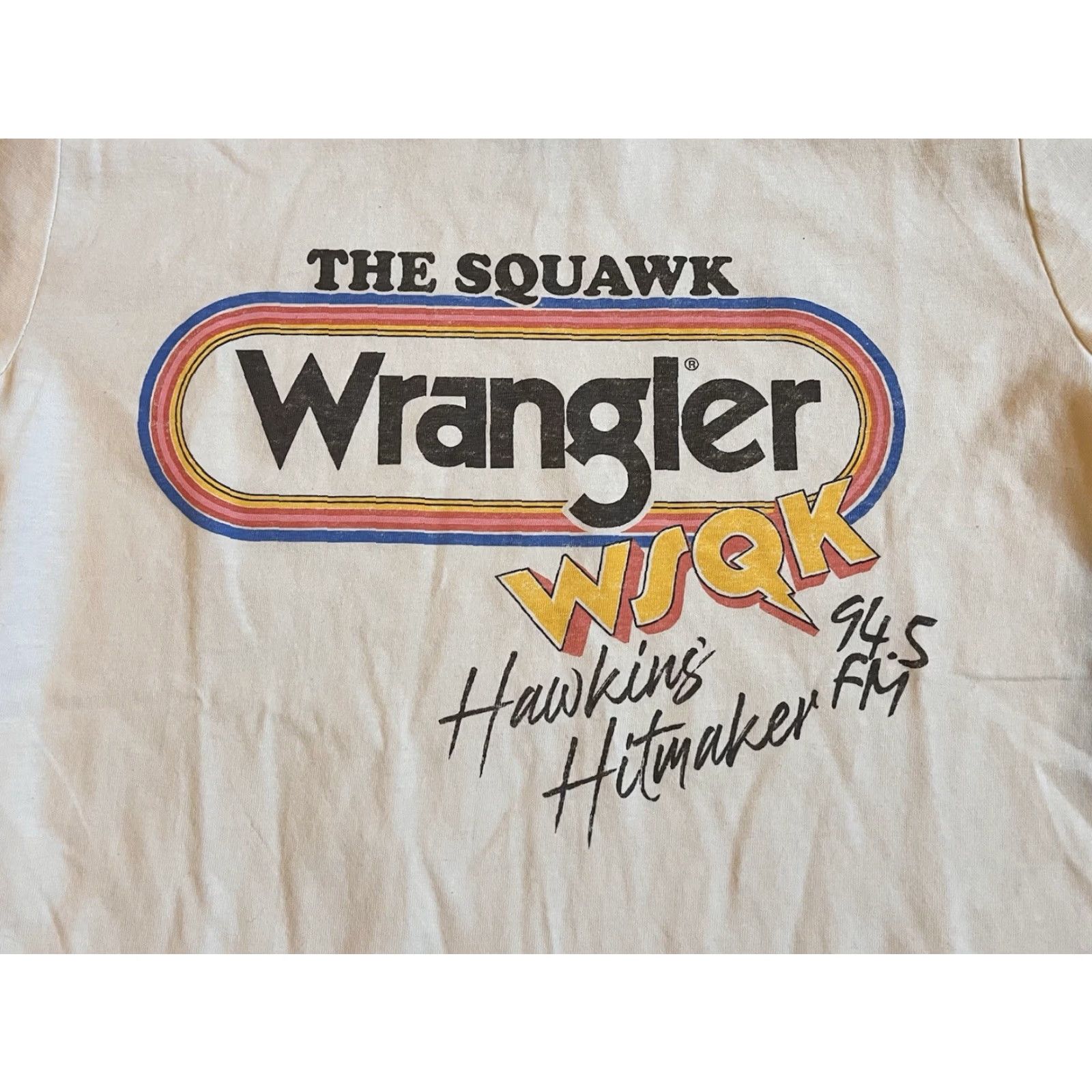 Wrangler Wrangler The Squawk Hawkins Radio Shirt White Women’s Small Short Sleeve Crew Neck Jersey Cotton 80s Horror Graphic T-Shirt Apparel Womens Size S / US 4 / IT 40 - 3 Thumbnail