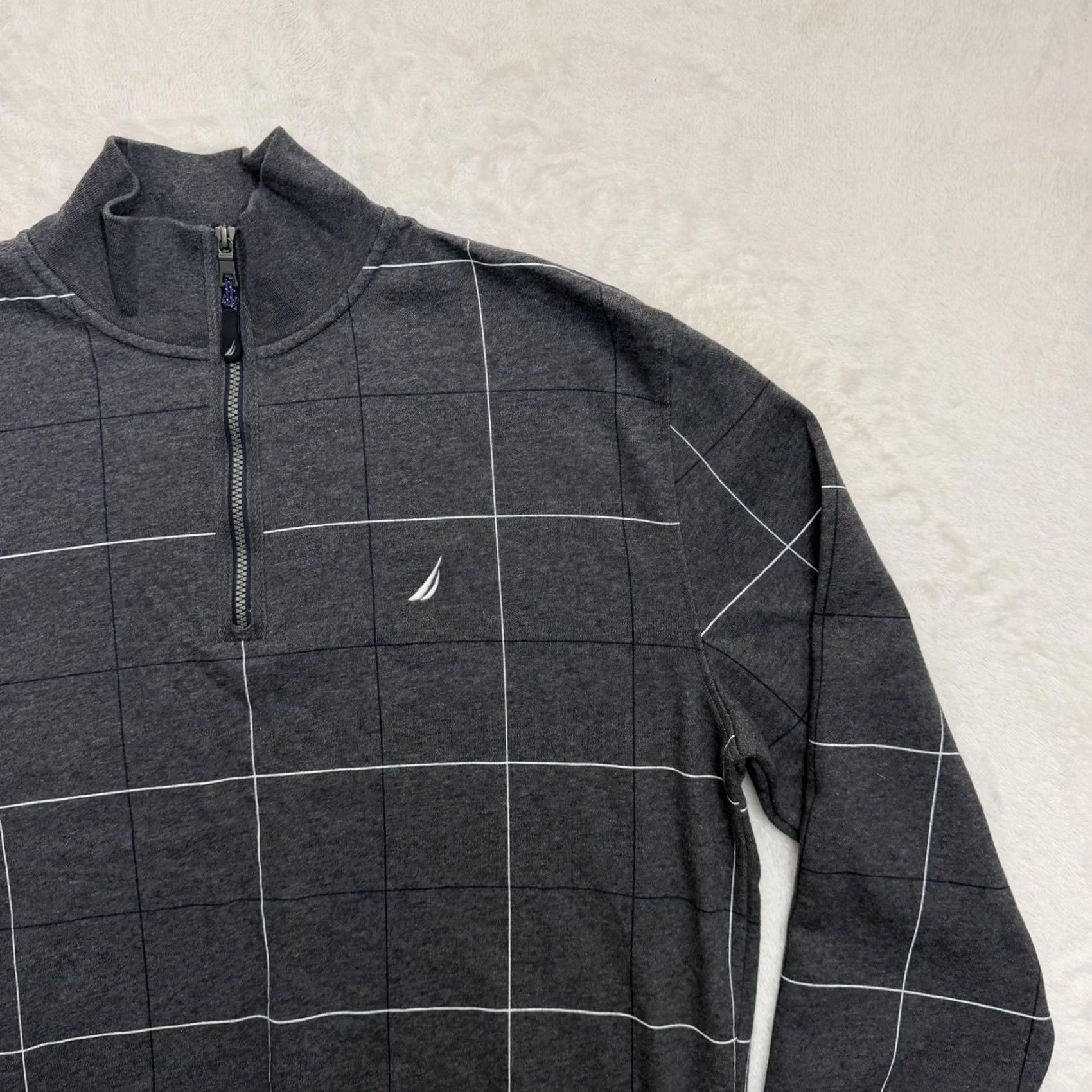 Nautica Nautica Sweatshirt Quarter Zip Mens XL Gray Check Fleece Pullover Logo 1/4 Zip Mock Neck Long Sleeve Winter Regular Size XL Mens Size US XL / EU 56 / 4 - 3 Thumbnail