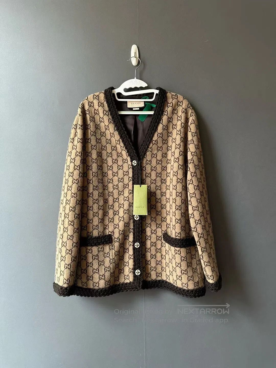 Gucci Guicci Brown All-Over Print Wool Cardigan Jacket| Size M / US 6-8 / IT 42-44 - 1 Thumbnail