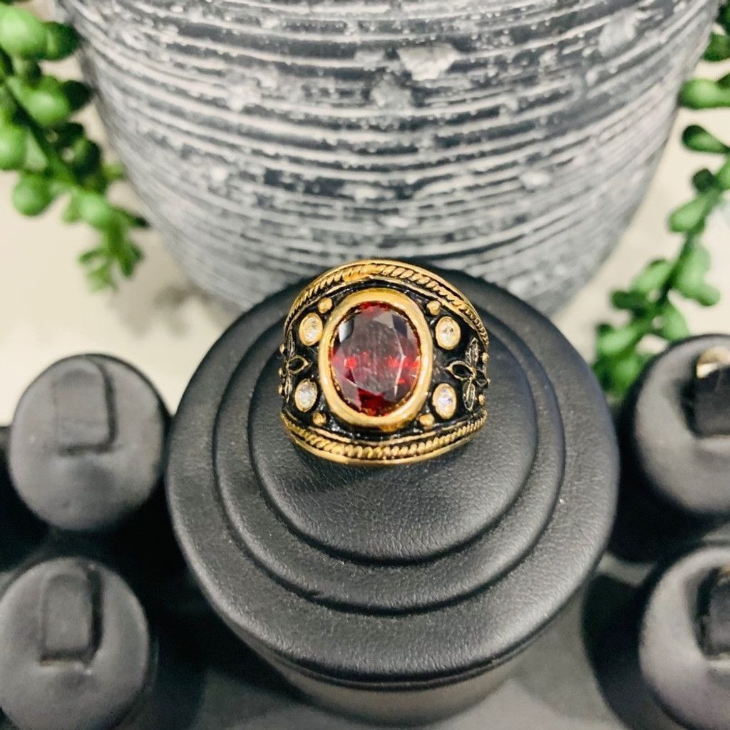 Other High quality Gold Plated Ring with red garnet stone Size ONE SIZE - 1 Thumbnail