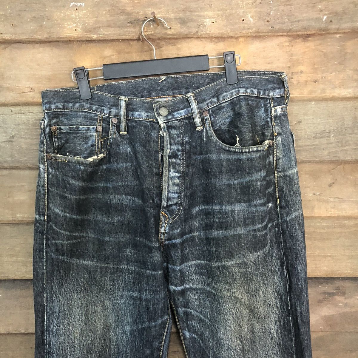 DL R 45rpm selvedge Black faded Distressed Denim Pants #7321