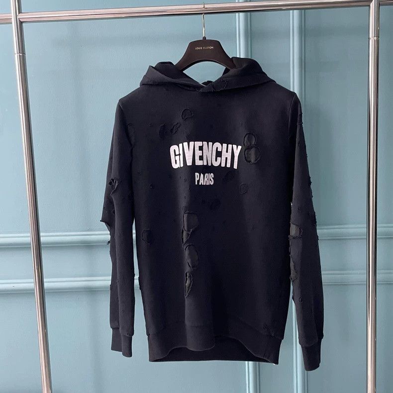 Givenchy Black Large Destruction Logo Crewneck Hoodie
