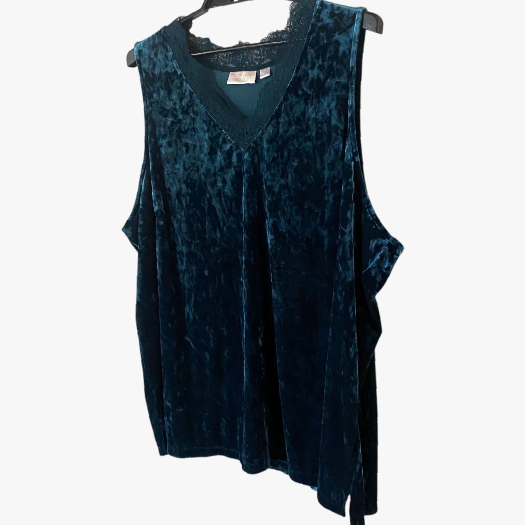 Velvet VINTAGE Belle Boho Kim Gravel Crushed Velvet Lace Trim V-Neck Tank Top Women's 4X Blue Size XXL / US 16-18 / IT 52-54 - 2 Thumbnail