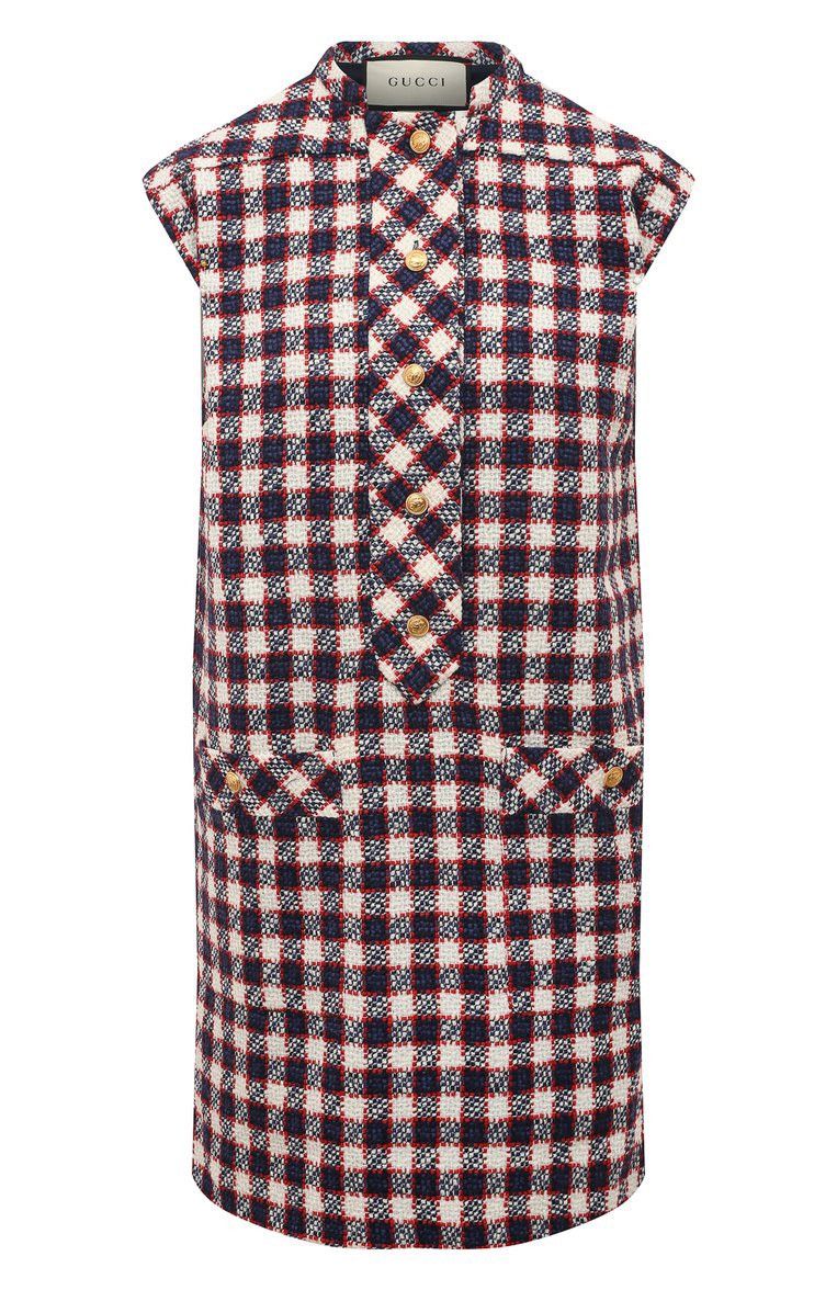 Gucci Tweed Wool Blend Dress Navy White Red Check Size 38