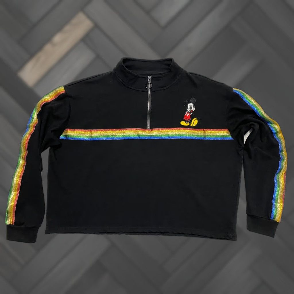 Disney Disney Mickey Mouse Black Rainbow Stripe Glitter Zip Quarter Crop Sweatshirt 3XL Womens Size XXL / US 16-18 / IT 52-54 - 1 Thumbnail