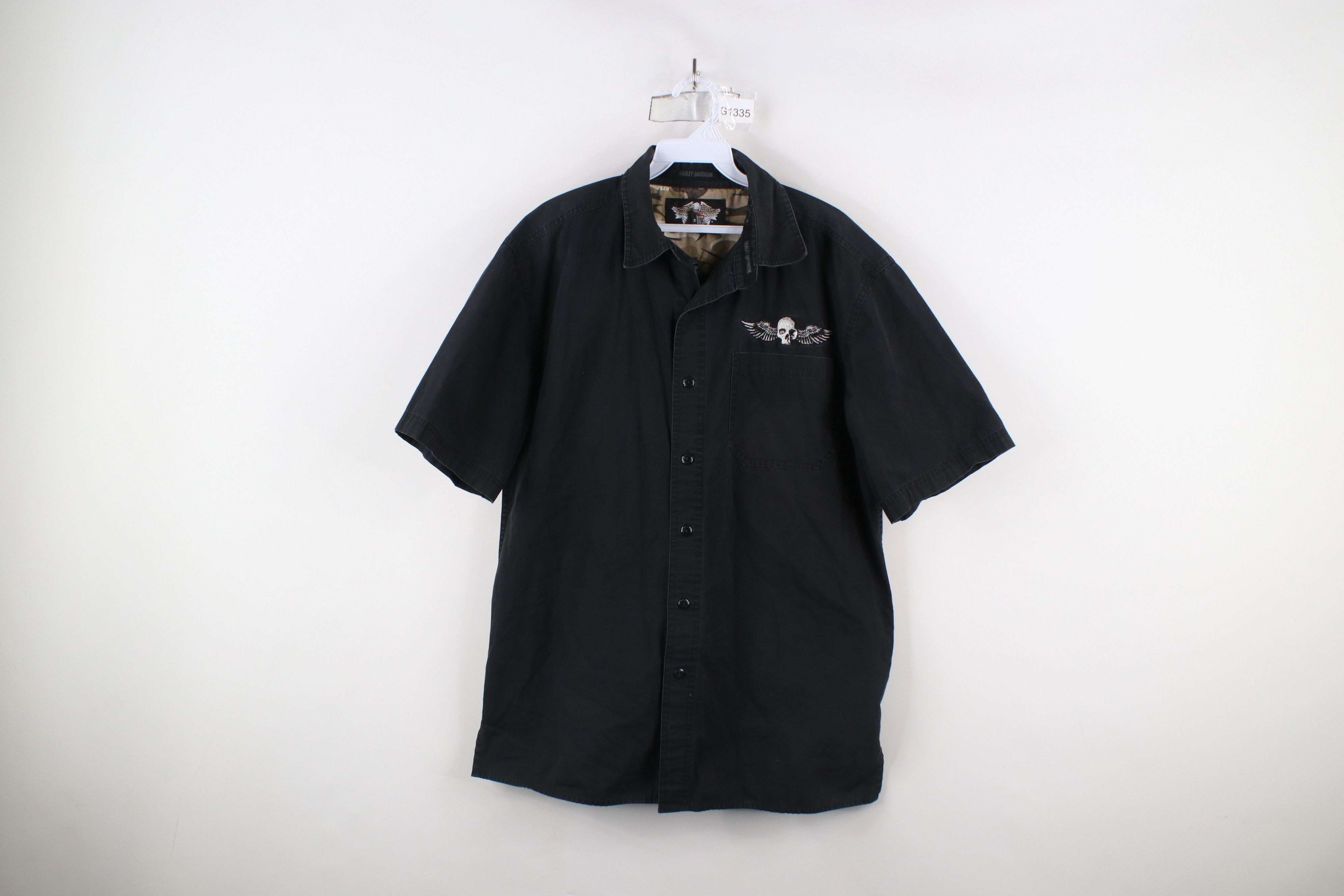 Vintage Harley Davidson Spell Out Tribal Skull Button Shirt