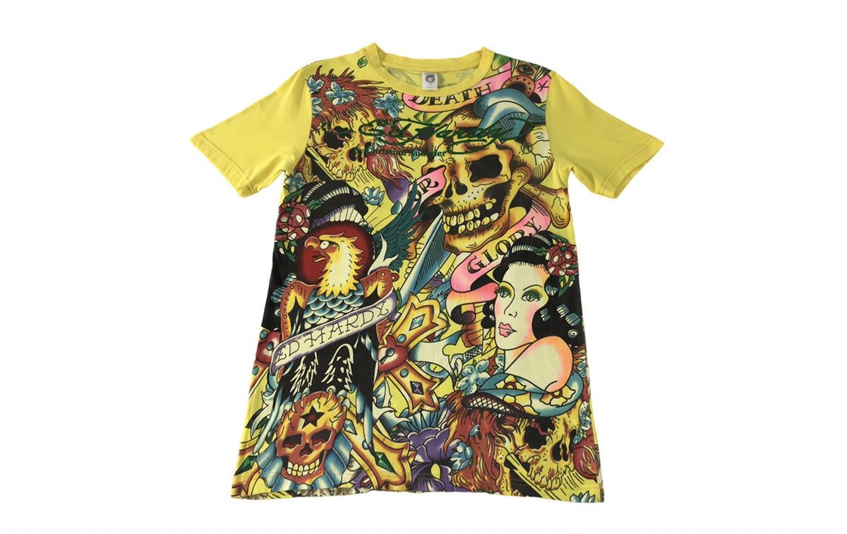 image of Ed Hardy x Made In USA Vintage Edhardy By Cristian Audigier Tee Full Print in Yellow (Size Small)
