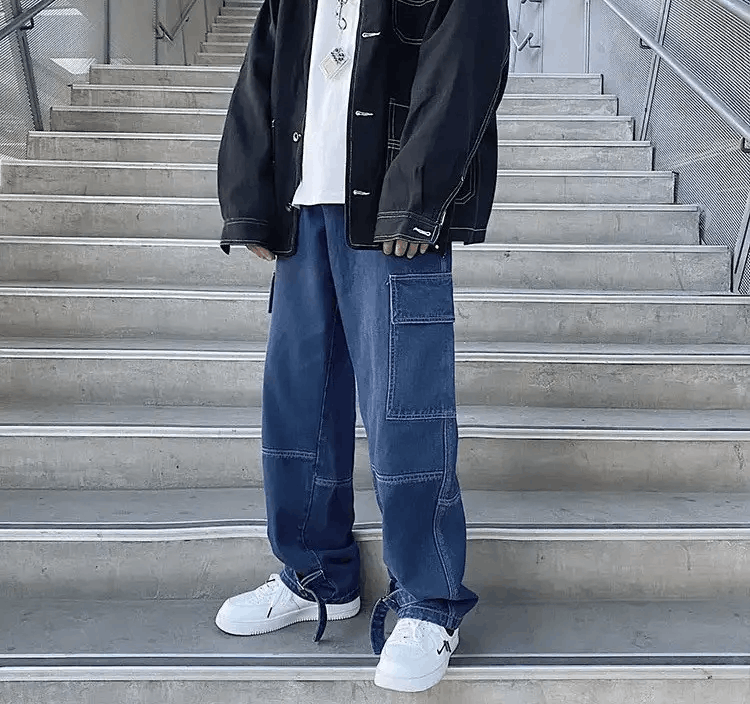 Jean Dark Blue Cargo jeans Wide Leg Denim Loose Straight Baggy Size US 30 / EU 46 - 4 Thumbnail