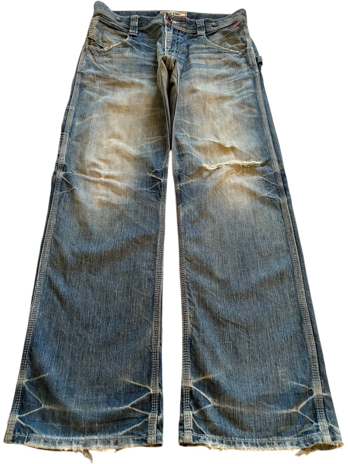 Edwin × Japanese Brand Vintage Edwin Blue Trip Suspender Buckle Back Rip Flare Jean Size US 33 - 1 Thumbnail