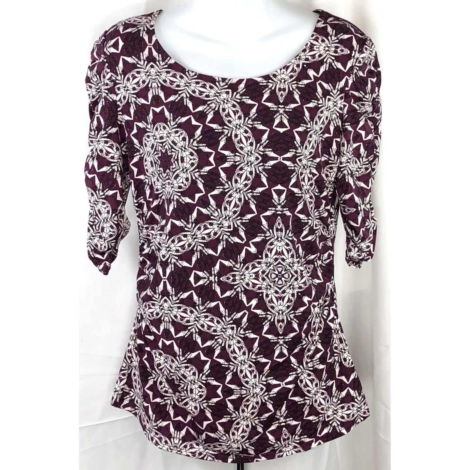 Alfani Alfani Blouse Womens S Purple Top Geometric Abstract Ruched sleeve Tribal Boho Size S / US 4 / IT 40 - 2 Thumbnail