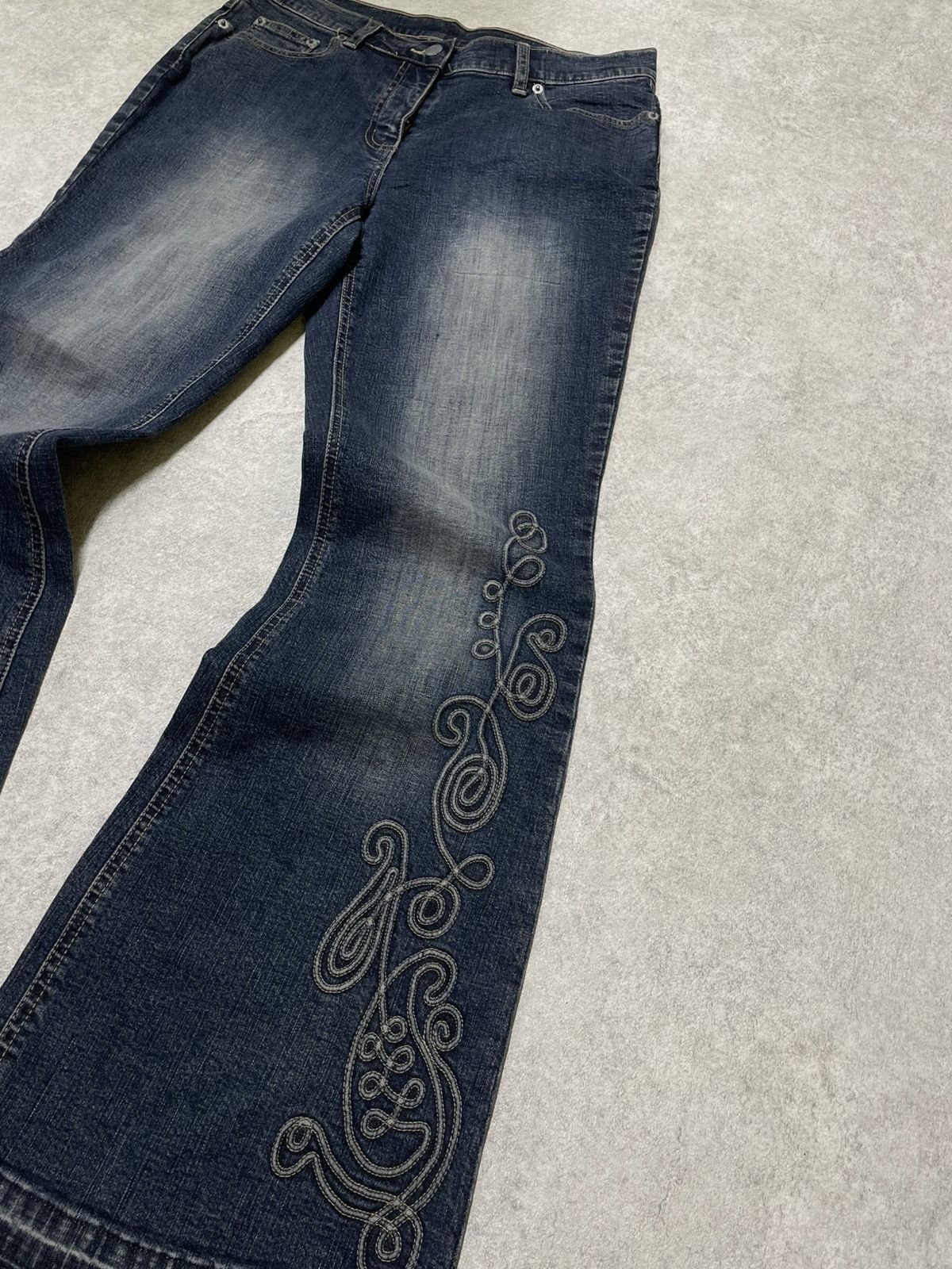 If Six Was Nine × Le Grande Bleu (L.G.B.) × Tornado Mart Skull Y2K Flare Jeans With Ornate Threadwork — Think LGB Size US 32 / EU 48 - 5 Thumbnail